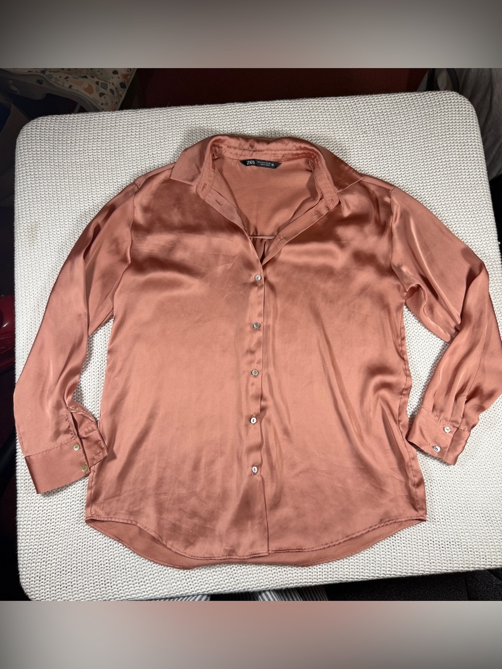 Zara Satin Button-Down Top – Dusty Rose/Rust – Size S